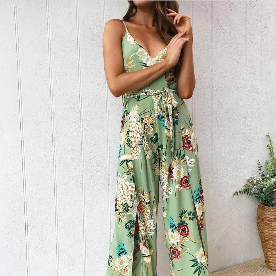 Women'S Sexy V-Neck Strapless Printed Jumpsuit