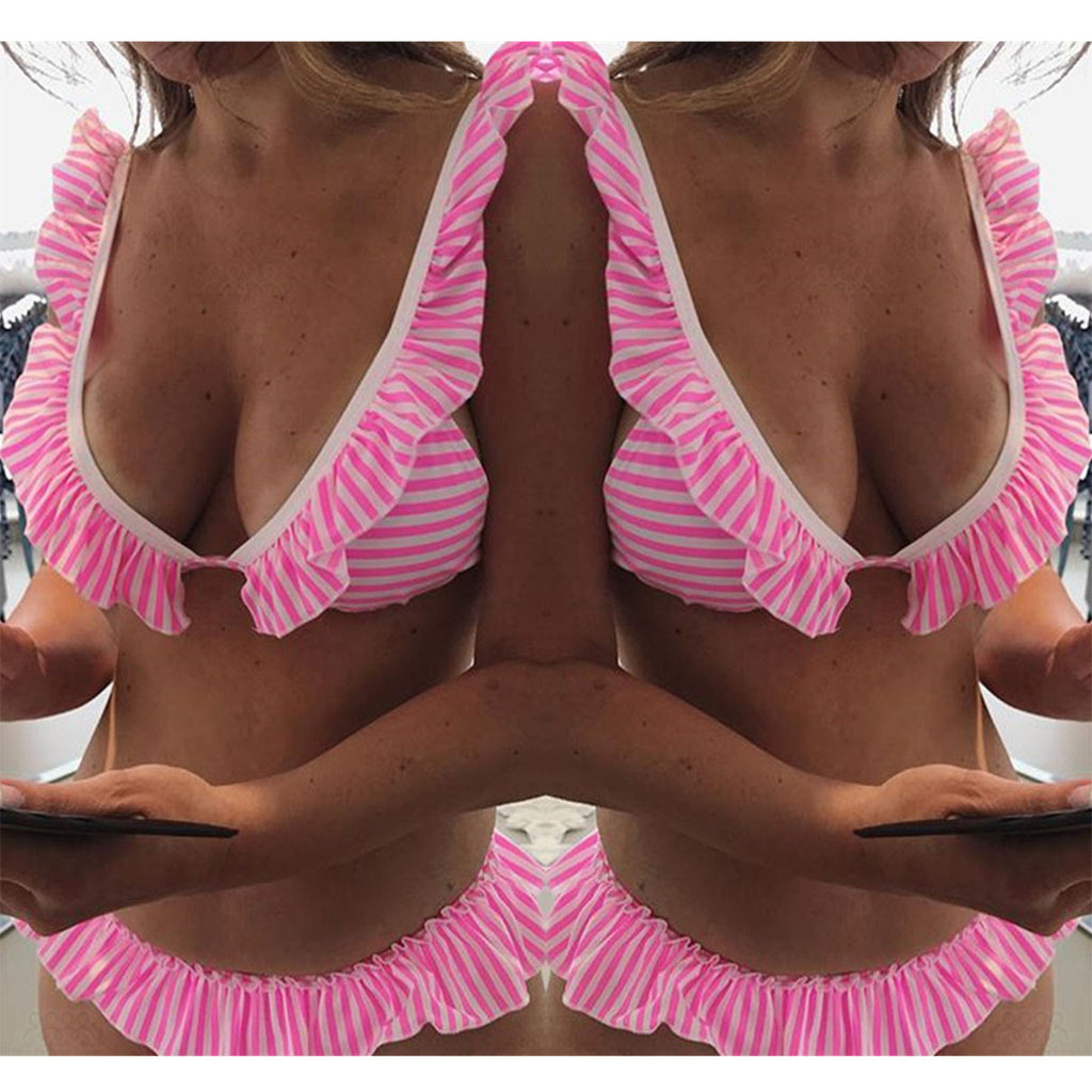 Sexy Ruffled Pink Striped Bikini Split Swimsuit