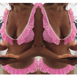 Sexy Ruffled Pink Striped Bikini Split Swimsuit