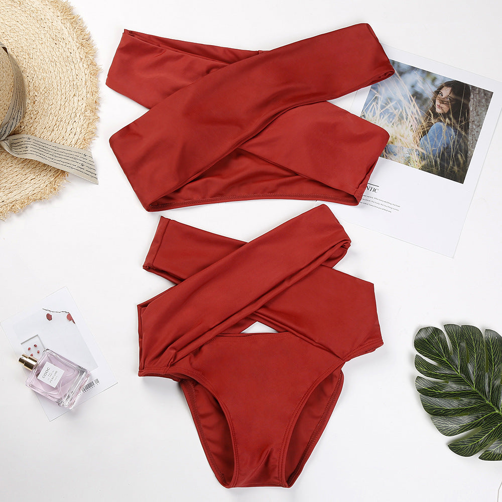 Red Word Collar Bikini Sexy Split Swimsuit