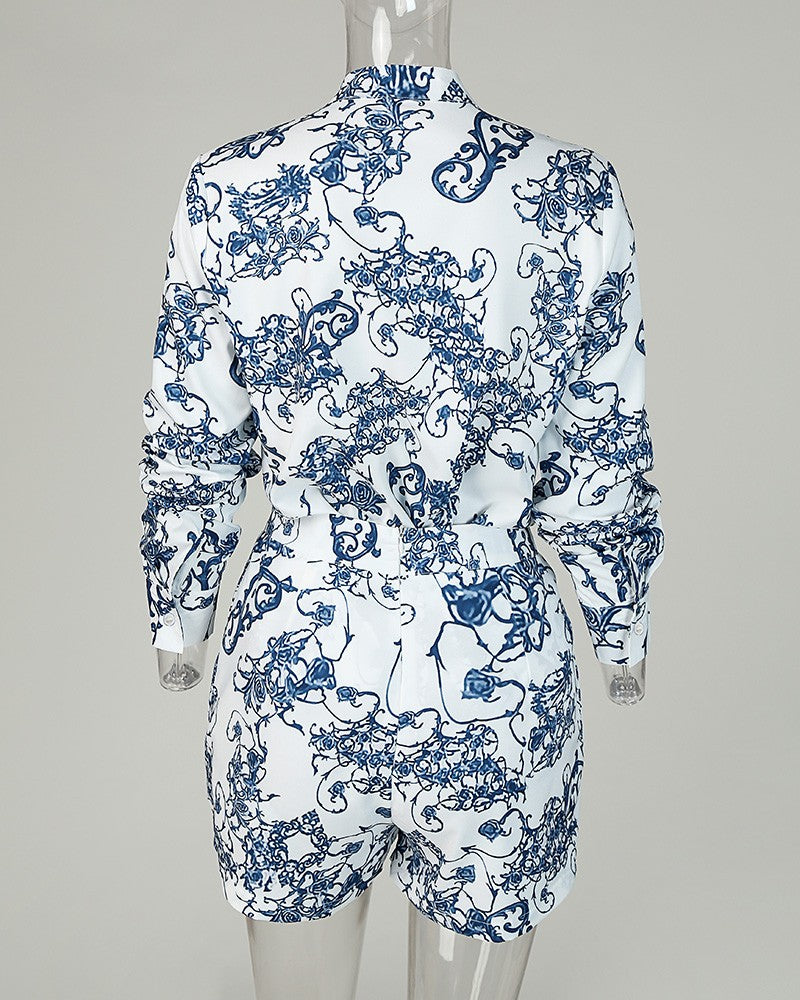 Elegant Blue Long Sleeve Printed Jumpsuit