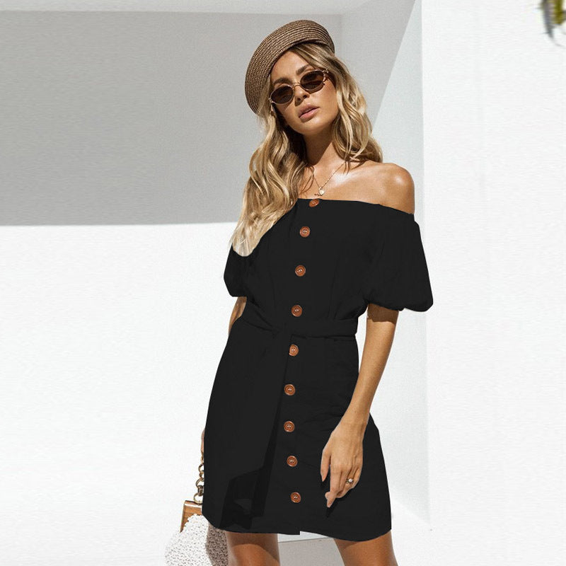 Solid Color Sexy Halter Short-Sleeved Dress