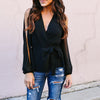 Solid Color V-Neck Slim Off-The-Shoulder Long-Sleeved Chiffon Shirt