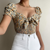 Ladies Floral V-neck Bowknot Puff Sleeve T-Shirt Top