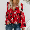 Women's Print Long Sleeve Loose Chiffon V-Neck Shirt