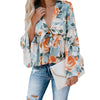 Women's Print Long Sleeve Loose Chiffon V-Neck Shirt