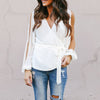 Solid Color V-Neck Slim Off-The-Shoulder Long-Sleeved Chiffon Shirt