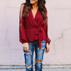 Solid Color V-Neck Slim Off-The-Shoulder Long-Sleeved Chiffon Shirt