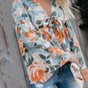 Women's Print Long Sleeve Loose Chiffon V-Neck Shirt