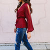 Solid Color V-Neck Slim Off-The-Shoulder Long-Sleeved Chiffon Shirt