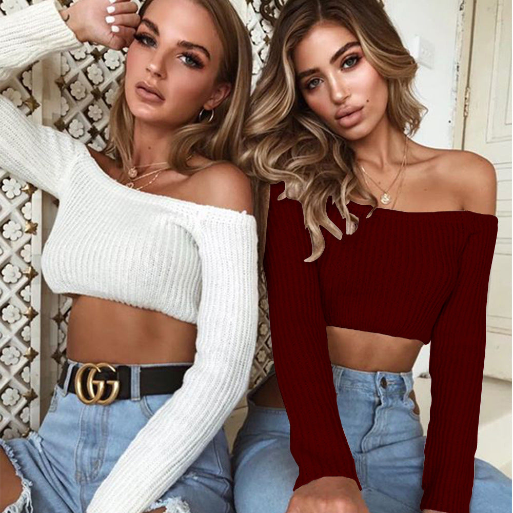 Women's Long Sleeve One-Shoulder Sexy Knitted Tops