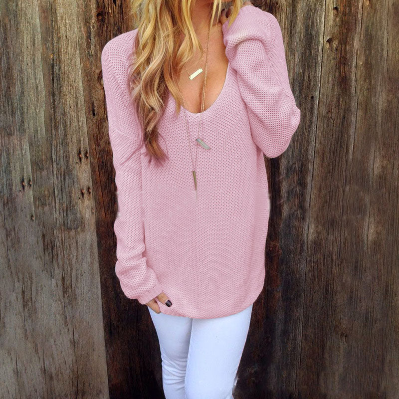 Women's Round Neck Long Sleeve Solid Color Knit Sweater