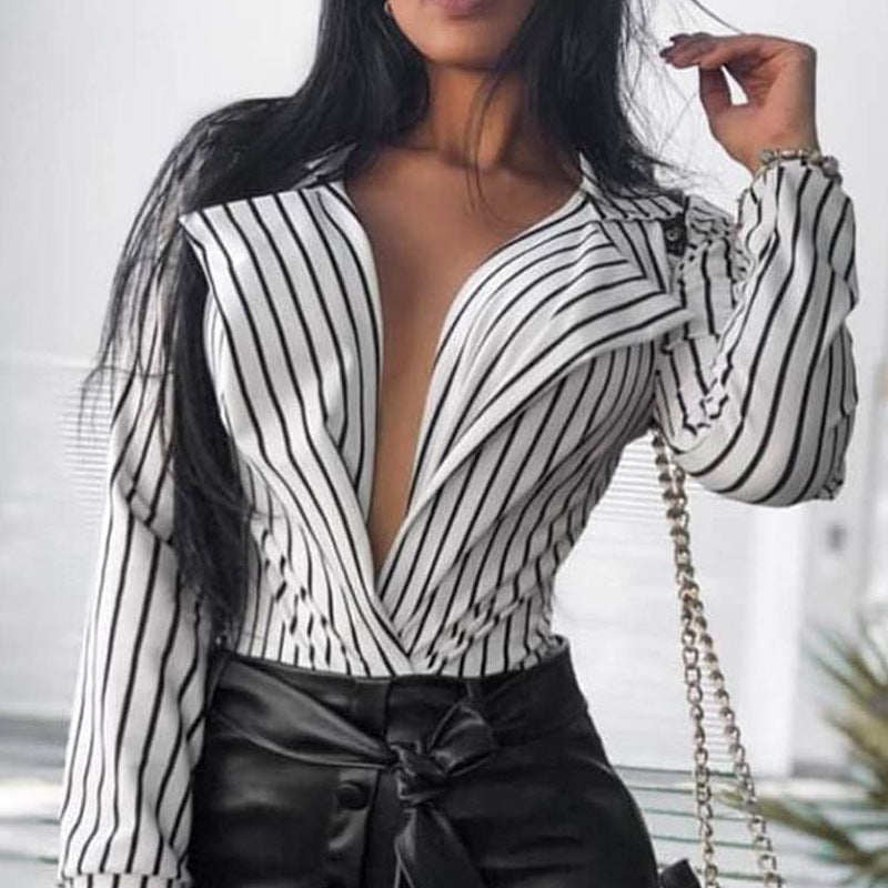Sexy Striped Long Sleeve V-Neck Shirt
