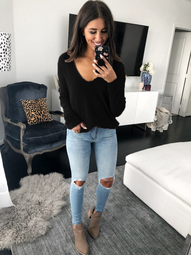 Women's Sexy V-neck Long Sleeve Solid Color Loose Sweater