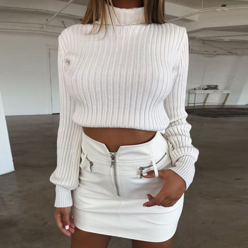 Solid Color High-Necked Slim Casual Sweater