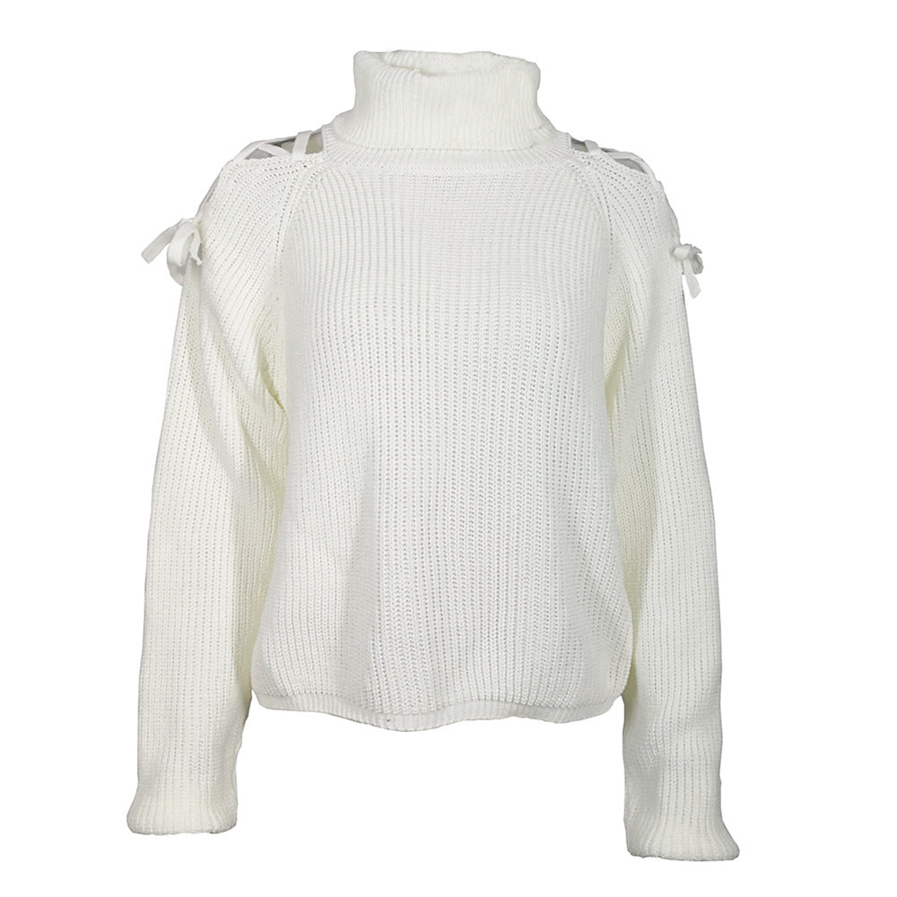 Striped High Neck White Knit Long Sleeve Sweater