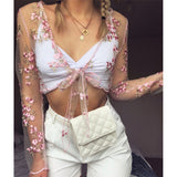 Long Sleeved Sexy Lace Embroidered Chiffon Top