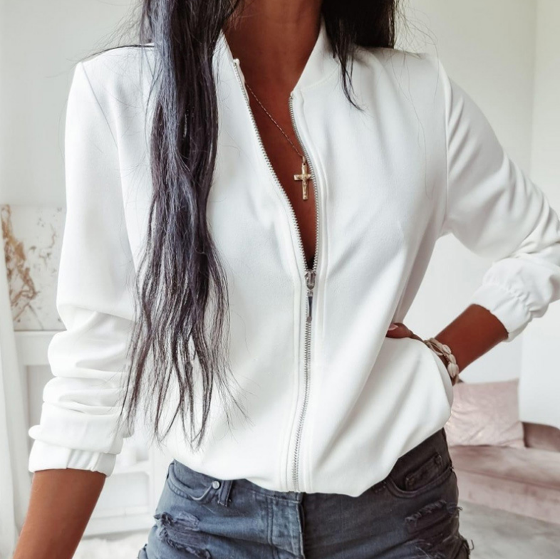 Long-Sleeved White Solid Color Casual Jacket
