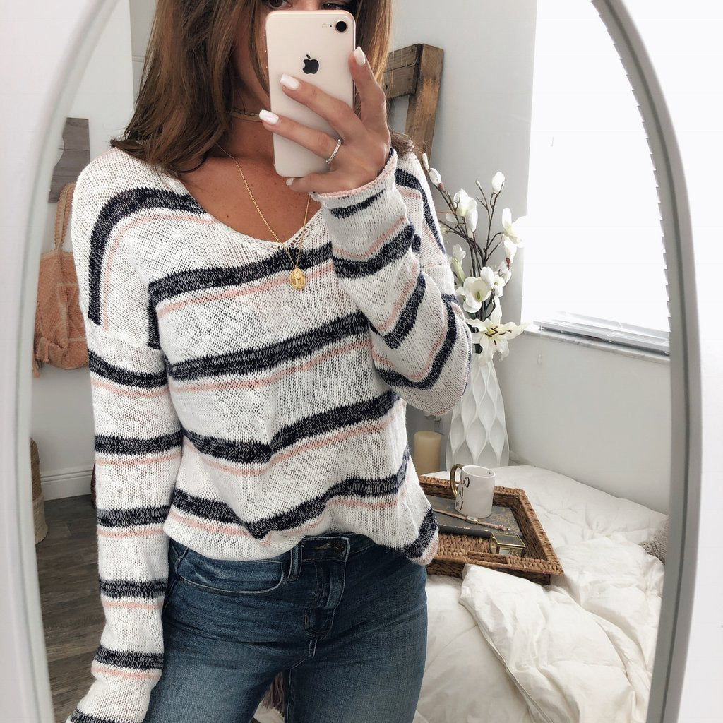 Casual V-neck Long Sleeve Loose Knit Stripe Sweater