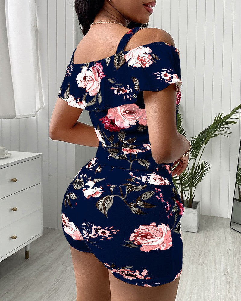 Floral Sling Strapless High Waist Shorts Two-Piece Suit