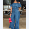 Sexy One-Shoulder Ruffled Plus Size Denim Jumpsuit