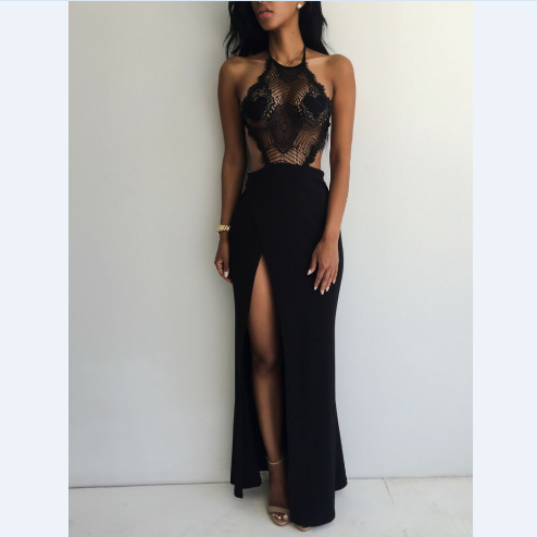 Fashion Sexy black lace halter dress