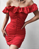 Red One-Shoulder Ruffles Tight Dress