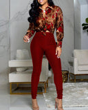 Red Casual Long Sleeve Print Two-piece Set
