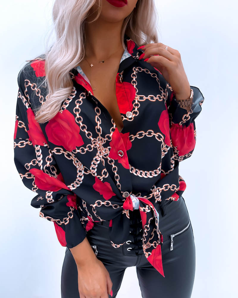 Elegant Long Sleeve Red Rose Pattern Shirt