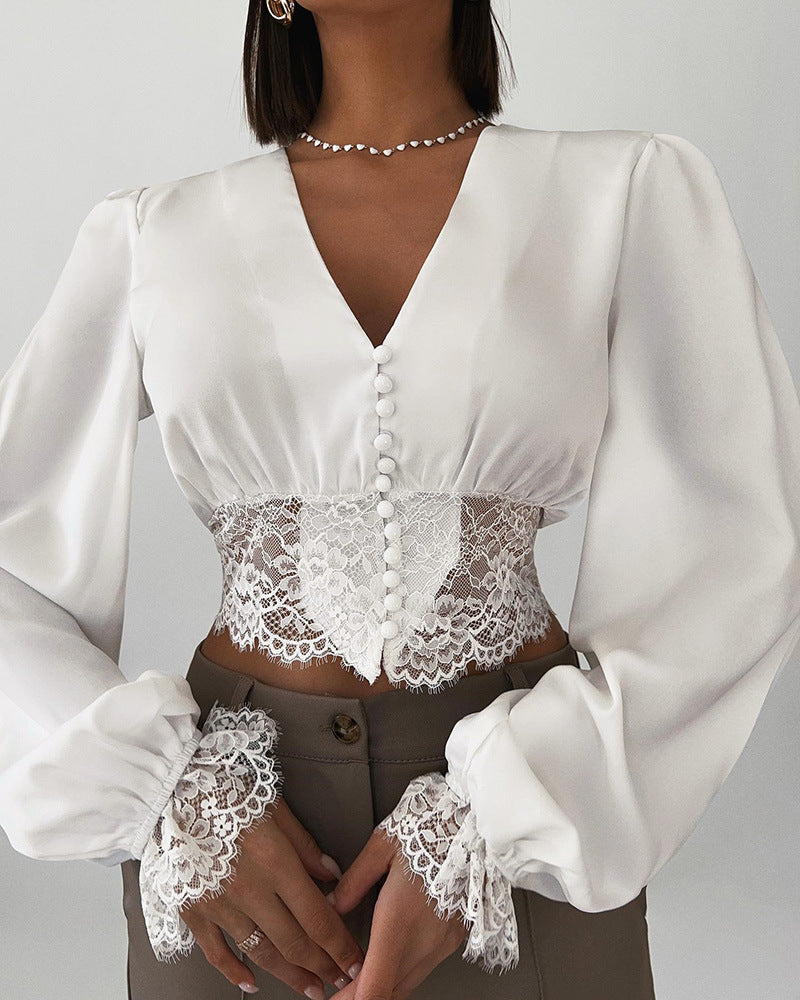 White Design Long-Sleeve Lace Shirt Top