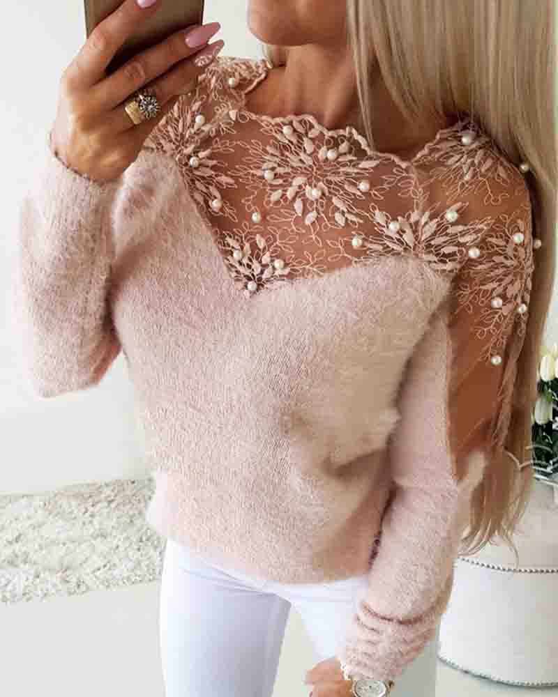 Casual Solid Color Jacquard Stitching Long-Sleeved Sweater