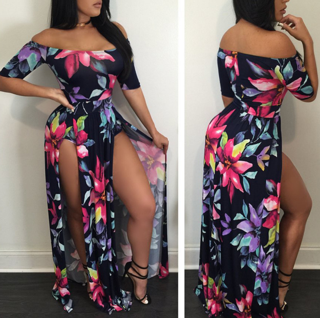Women'S Sexy One-Neck Off-The-Shoulder Printed Short-Sleeved Dress