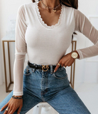 Long Sleeve Women's Lace Splicing Ribbed Top