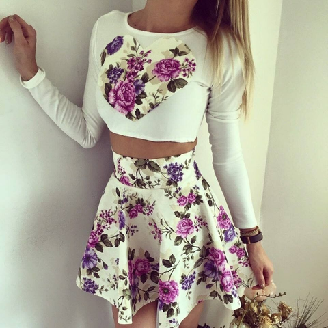 Floral Long-Sleeve High-Neck Skinny Two-piece Set