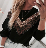 Sequined Leopard Print Splicing Long Sleeve Round Neck Sweater