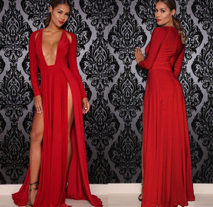 V-Neck Long Sleeve Red Sexy Dresses main image 1