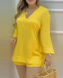 Solid Color Fashion V-Neck Top And Shorts Two-Piece Set