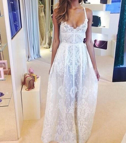 Elegant and sexy round neck white embroidered dress