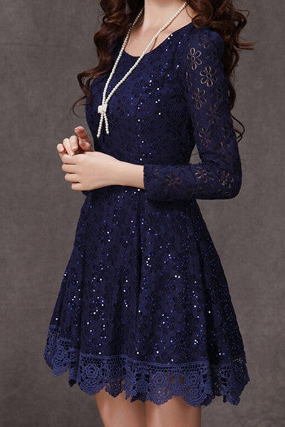 Ruffled Design Long Sleeve Lace Dress