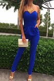 Cheap Sexy Strapless Off The Shoulder Sleeveless Pockets Design Solid Blue Cotton Blend One-Piece Skinny Jumpsuit