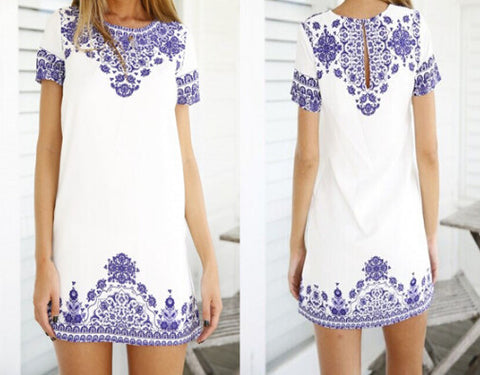 Solid Color Round Neck Short Sleeve Print Mini Dress