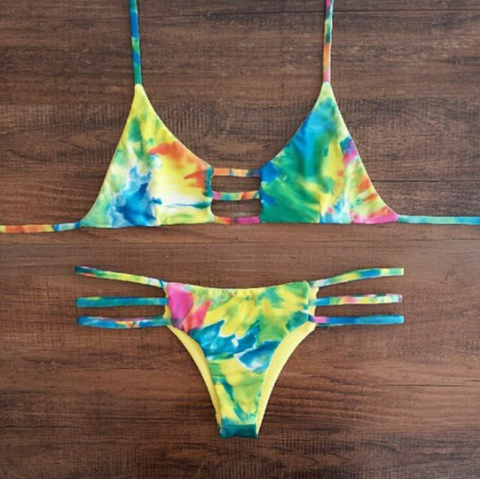 Green Leaf Print Halter Beach Bikini Set Swimsuit Swimwear