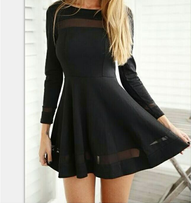 Slim Round Neck Long-Sleeved Black Dress