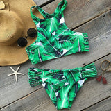 Green Leaf Print Halter Beach Bikini Set Swimsuit Swimwear