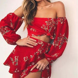 Spring Summer Trending Women Stylish Sexy Chiffon Red Flower Print Off Shoulder Long Sleeve Shorts Skirt Two Piece