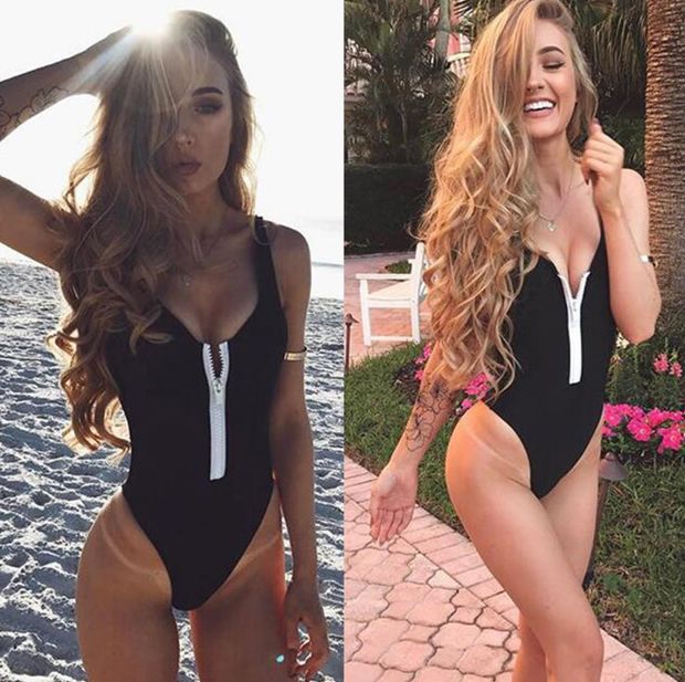 Woman's zipper Solid One-Piece Suits Swimwear Retro Halter Swimsuit Hollow-Carved Bra Bikinis Set Push Up Bathing Suit Biquini