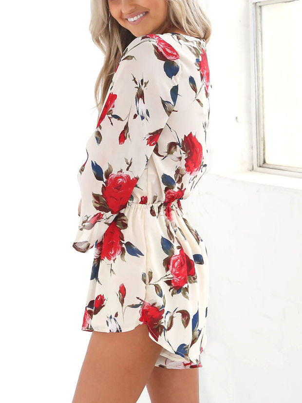 V-neck Red Flowers Printed Long Sleeve Chiffon Rompers