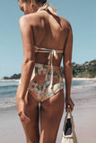 Fashion Multicolor Flower Print Crisscross Bandage Halter High Waist Bikini Set Swimsuit Swimwear
