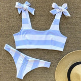 Fashion White Blue Stripe Print Shoulder Knot Beach Two Piece Bikini Swimsuit Swimwear