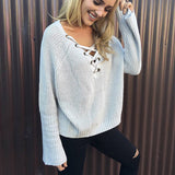 Fashion Long Sleeve V-Neck Strappy Knit Top Sweater